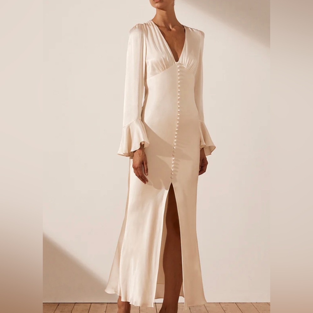 LA LUNE FRILL CUFF BIAS MIDI DRESS - CREAM US SIZE 10